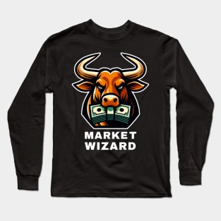 Market Wizard Bull Graphic T-Shirt, Stock Trader Gift, Financial Advisor Tee, Investor Fashion, Money-Themed Casual Wear Long Sleeve T-Shirt